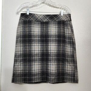 Eddie Bauer Wool Blend Lined Work Skirt Women's 8 Gray Plaid Side Zip‎ Back Slit